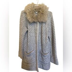 Coldwater Creek Gray Cable Knit Sweater Coat Faux Fur Collar Pockets Size L (14)
